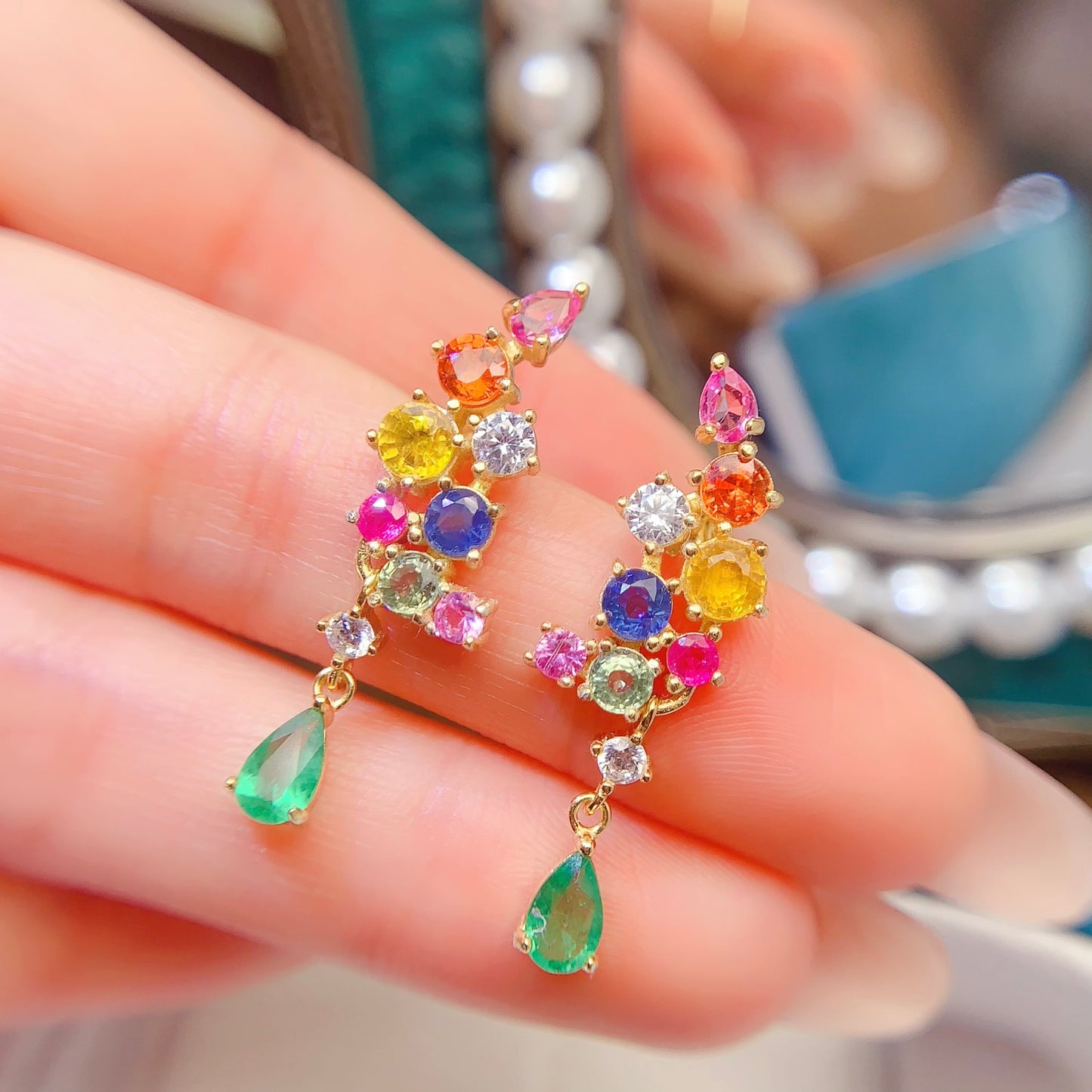Natural Emerald & Multi-Color Sapphire Earrings, 925 Silver Setting, Symbol of Luck & Happiness