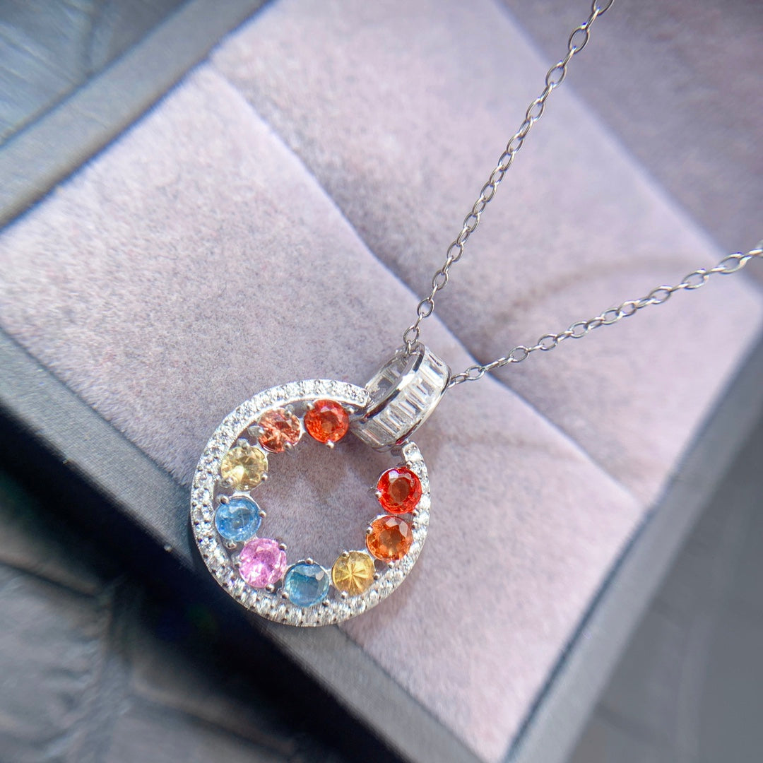 Natural Multi-Color Sapphire Pendant, Round Red Pink Blue Sapphire, 925 Silver 18k Gold Plated, Minimalist Daily Jewelry, Best Gift for Her