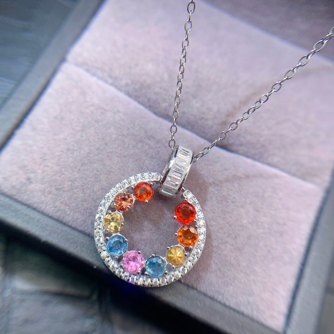 Natural Multi-Color Sapphire Pendant, Round Red Pink Blue Sapphire, 925 Silver 18k Gold Plated, Minimalist Daily Jewelry, Best Gift for Her