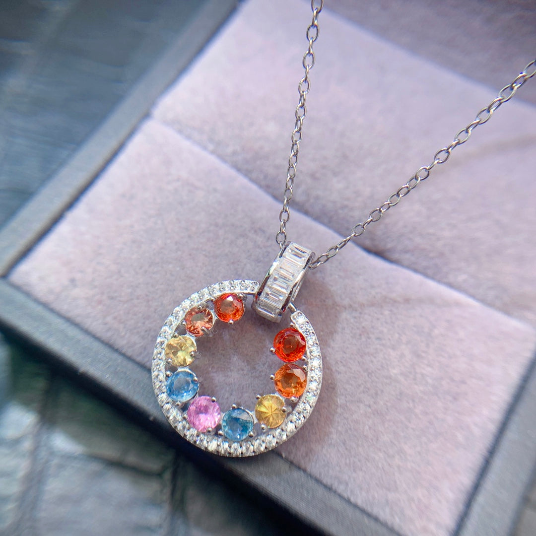 Natural Multi-Color Sapphire Pendant, Round Red Pink Blue Sapphire, 925 Silver 18k Gold Plated, Minimalist Daily Jewelry, Best Gift for Her