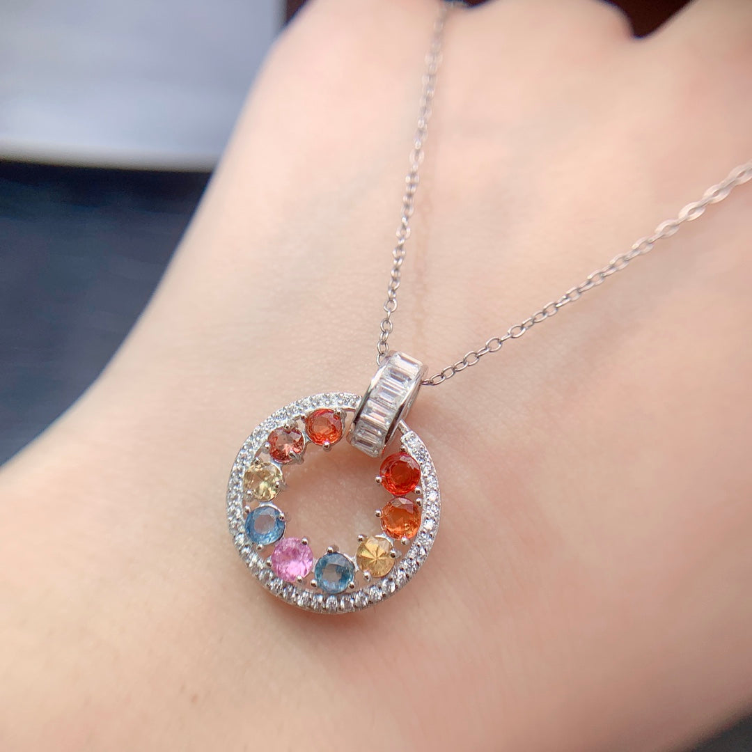 Natural Multi-Color Sapphire Pendant, Round Red Pink Blue Sapphire, 925 Silver 18k Gold Plated, Minimalist Daily Jewelry, Best Gift for Her