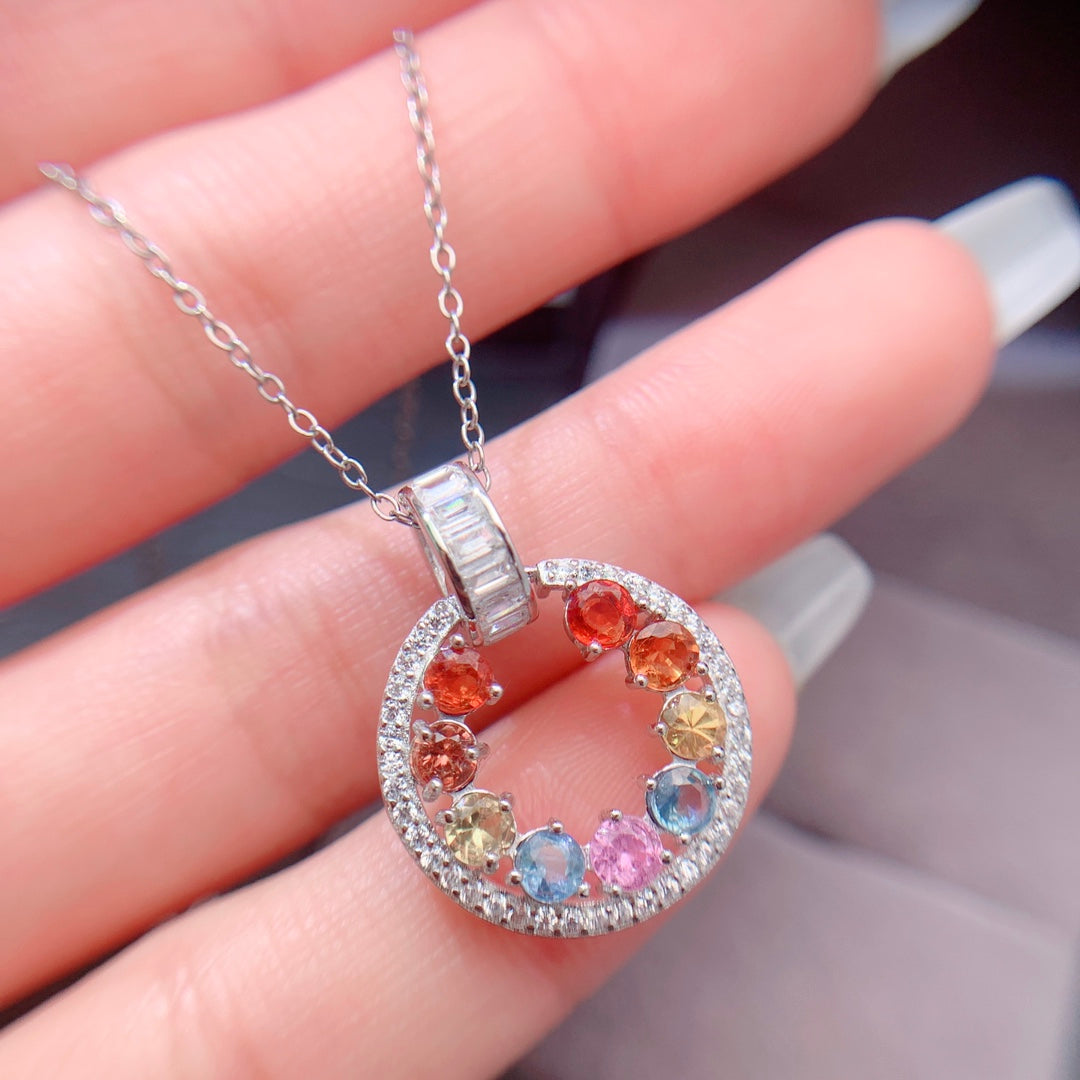 Natural Multi-Color Sapphire Pendant, Round Red Pink Blue Sapphire, 925 Silver 18k Gold Plated, Minimalist Daily Jewelry, Best Gift for Her