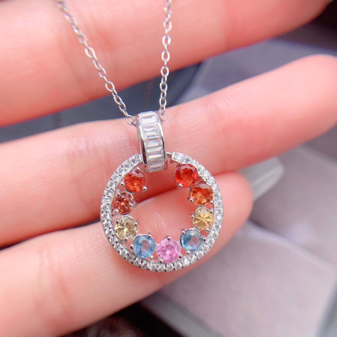 Natural Multi-Color Sapphire Pendant, Round Red Pink Blue Sapphire, 925 Silver 18k Gold Plated, Minimalist Daily Jewelry, Best Gift for Her