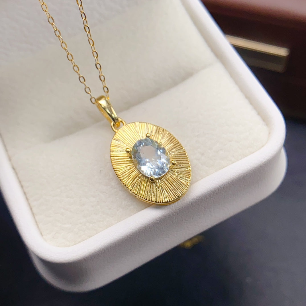 Natural Aquamarine Pendant 925 Sterling Silver Necklace, 6x8mm Gemstone Dainty, June Birthstone Energy Crystal Jewelry for Women, Sparkling Gift for Her