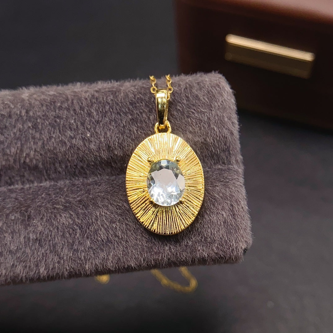 Natural Aquamarine Pendant 925 Sterling Silver Necklace, 6x8mm Gemstone Dainty, June Birthstone Energy Crystal Jewelry for Women, Sparkling Gift for Her