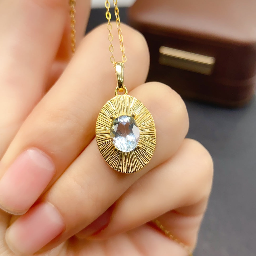 Natural Aquamarine Pendant 925 Sterling Silver Necklace, 6x8mm Gemstone Dainty, June Birthstone Energy Crystal Jewelry for Women, Sparkling Gift for Her