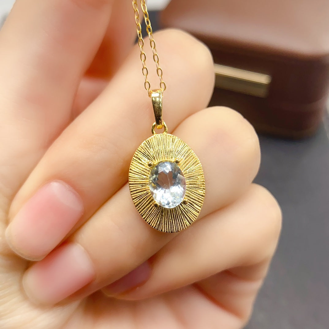 Natural Aquamarine Pendant 925 Sterling Silver Necklace, 6x8mm Gemstone Dainty, June Birthstone Energy Crystal Jewelry for Women, Sparkling Gift for Her