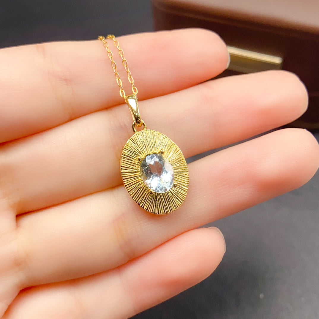 Natural Aquamarine Pendant 925 Sterling Silver Necklace, 6x8mm Gemstone Dainty, June Birthstone Energy Crystal Jewelry for Women, Sparkling Gift for Her