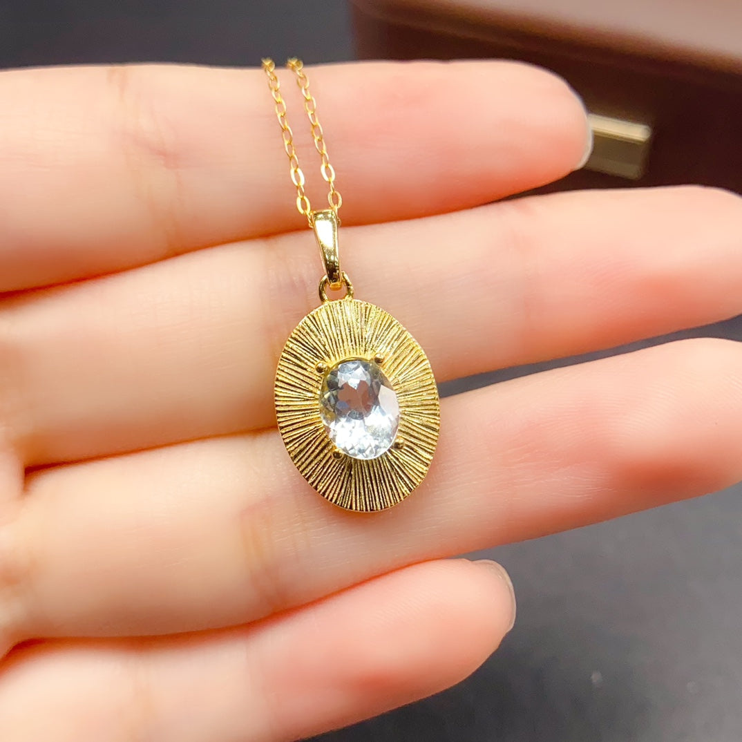 Natural Aquamarine Pendant 925 Sterling Silver Necklace, 6x8mm Gemstone Dainty, June Birthstone Energy Crystal Jewelry for Women, Sparkling Gift for Her