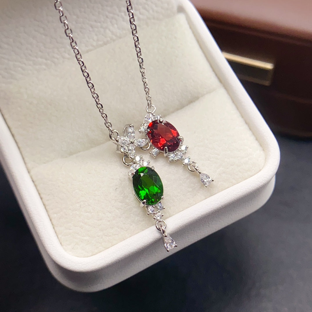 Natural Diopside & Garnet Necklace Set 925 Sterling Silver Pendant, 6x8mm Green Red Gemstone Energy Crystal Jewelry For Women, Birthstone Layering Choker, Positive Luck Stone Gift