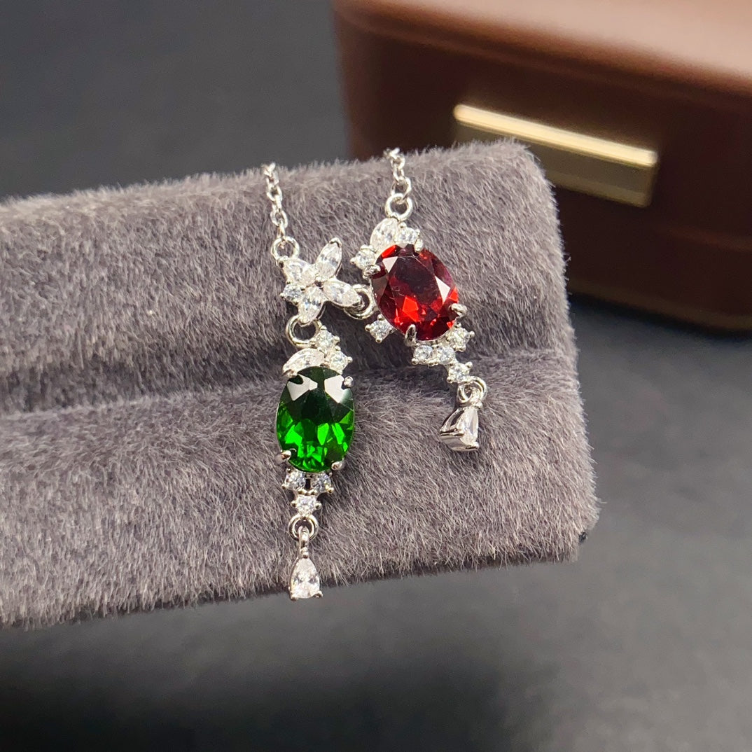 Natural Diopside & Garnet Necklace Set 925 Sterling Silver Pendant, 6x8mm Green Red Gemstone Energy Crystal Jewelry For Women, Birthstone Layering Choker, Positive Luck Stone Gift