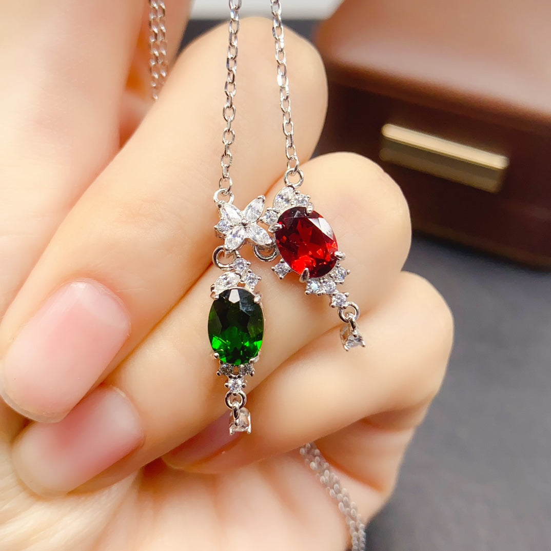 Natural Diopside & Garnet Necklace Set 925 Sterling Silver Pendant, 6x8mm Green Red Gemstone Energy Crystal Jewelry For Women, Birthstone Layering Choker, Positive Luck Stone Gift