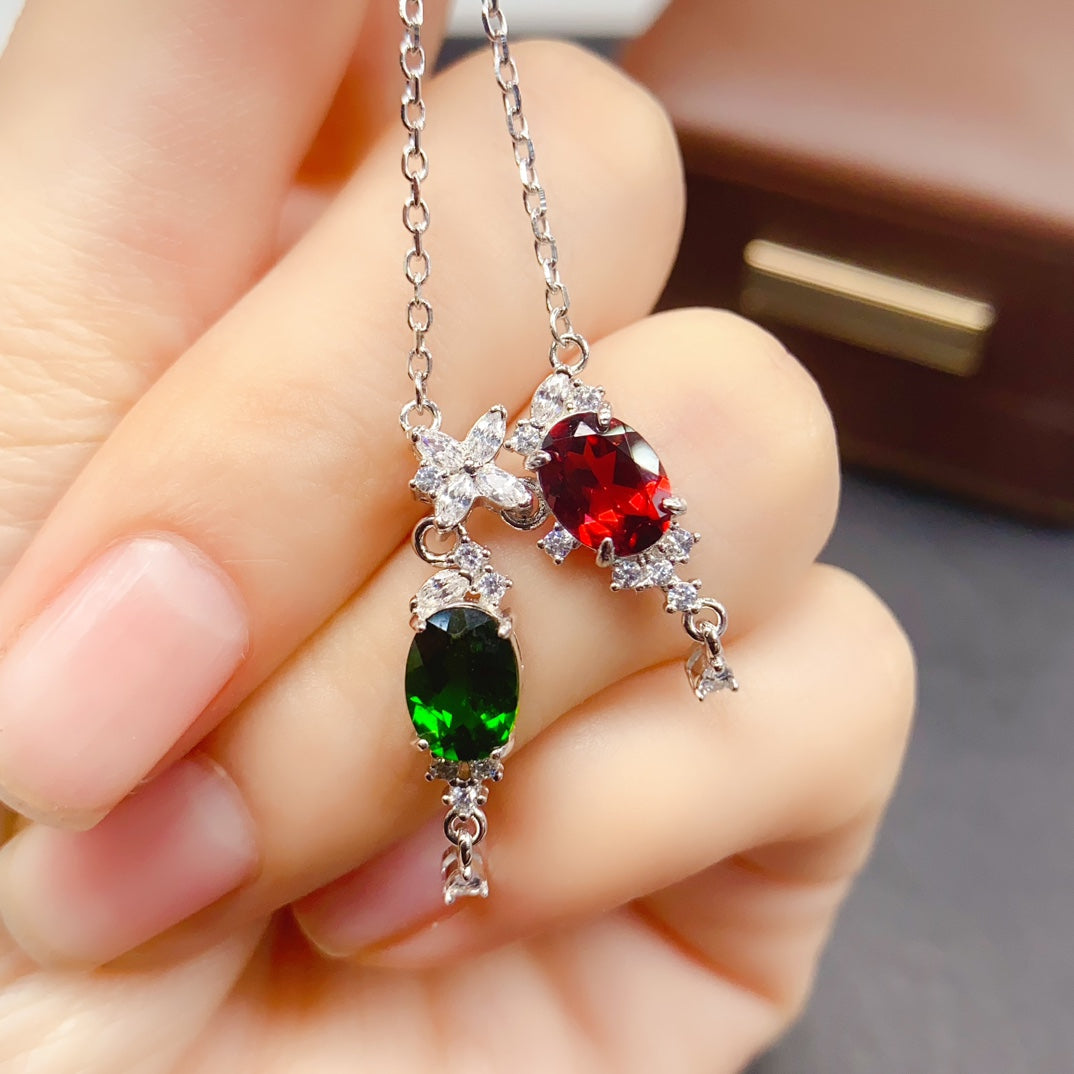Natural Diopside & Garnet Necklace Set 925 Sterling Silver Pendant, 6x8mm Green Red Gemstone Energy Crystal Jewelry For Women, Birthstone Layering Choker, Positive Luck Stone Gift