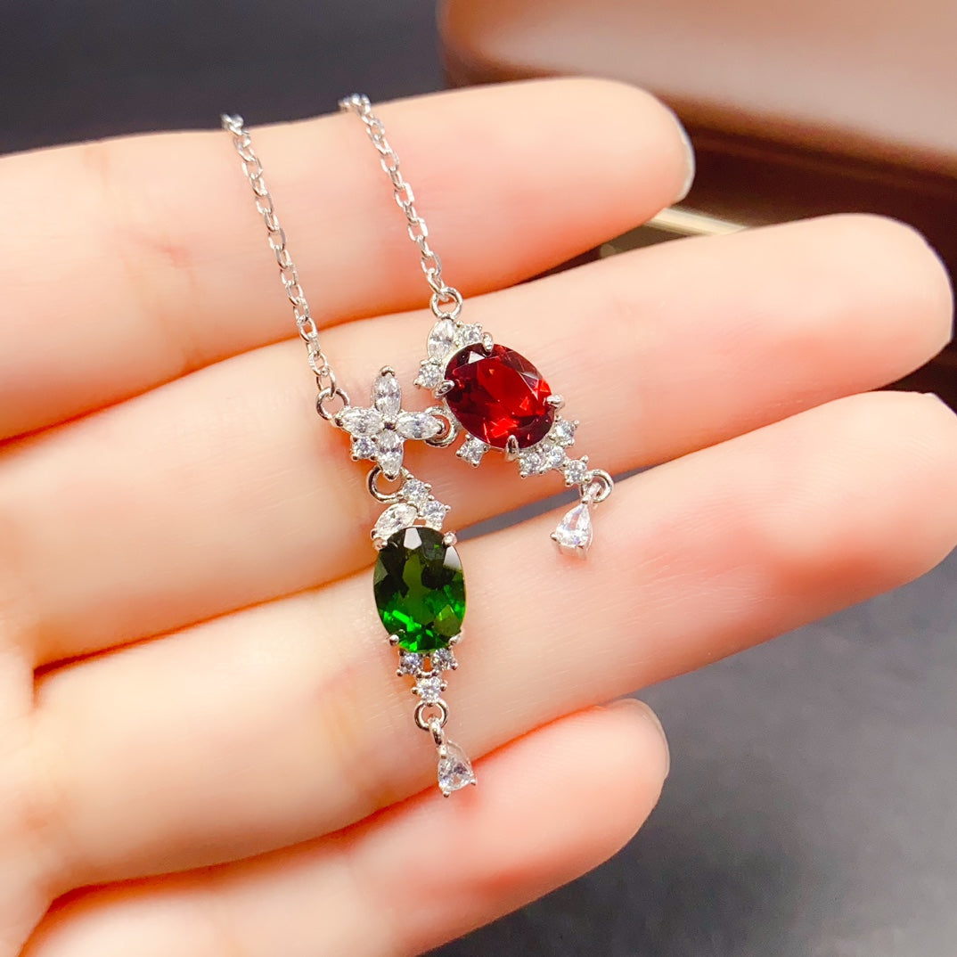 Natural Diopside & Garnet Necklace Set 925 Sterling Silver Pendant, 6x8mm Green Red Gemstone Energy Crystal Jewelry For Women, Birthstone Layering Choker, Positive Luck Stone Gift