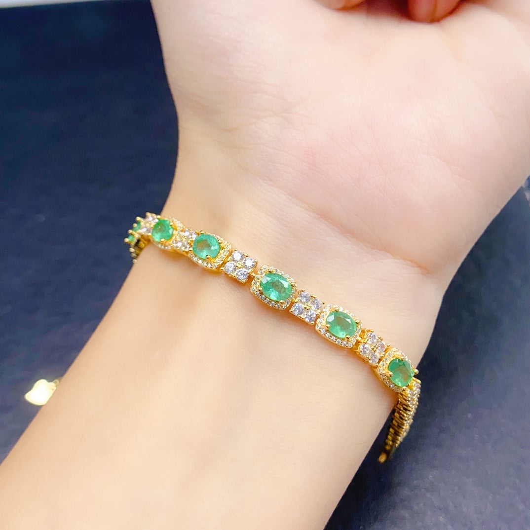 Natural Emerald Bracelet 925 Sterling Silver Gemstone Bangle, 4x5mm Green Crystal Energy Jewelry For Women, May Birthstone Stacking Bracelet, Dainty Gift For Her