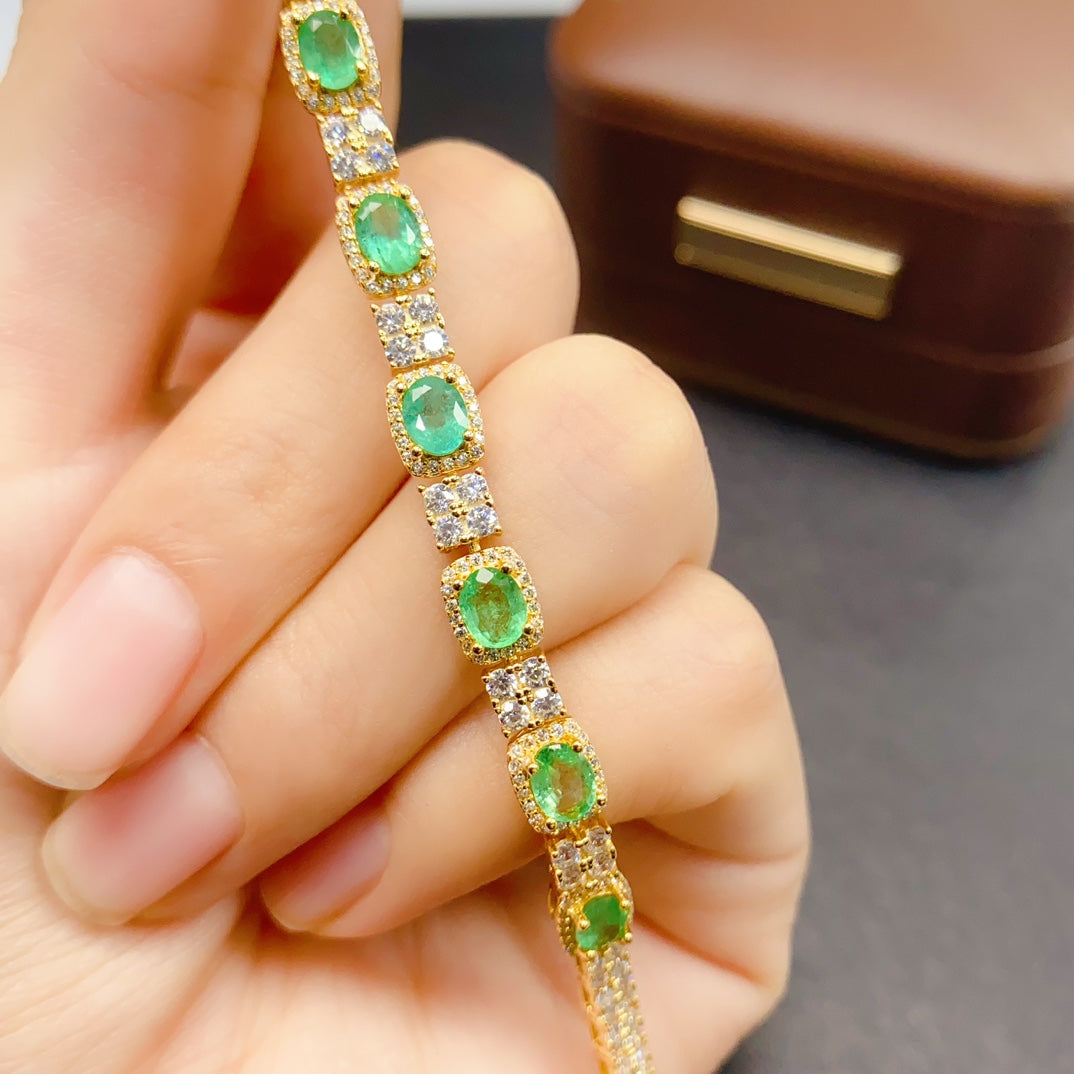 Natural Emerald Bracelet 925 Sterling Silver Gemstone Bangle, 4x5mm Green Crystal Energy Jewelry For Women, May Birthstone Stacking Bracelet, Dainty Gift For Her