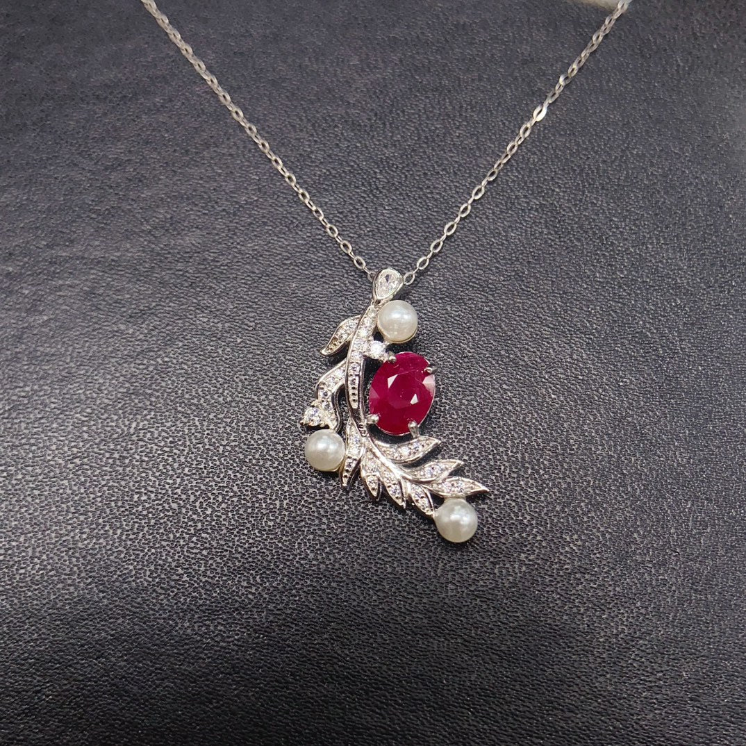 Natural Ruby & Pearl Pendant Necklace 925 Sterling Silver, 6x8mm Red Gemstone July Birthstone Energy Crystal Jewelry For Women, Dainty Choker Valentine's Day Gift