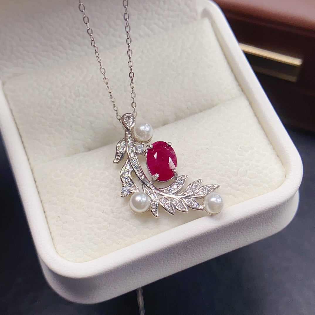 Natural Ruby & Pearl Pendant Necklace 925 Sterling Silver, 6x8mm Red Gemstone July Birthstone Energy Crystal Jewelry For Women, Dainty Choker Valentine's Day Gift