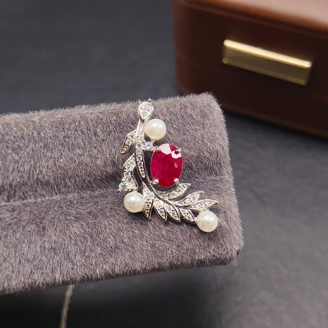 Natural Ruby & Pearl Pendant Necklace 925 Sterling Silver, 6x8mm Red Gemstone July Birthstone Energy Crystal Jewelry For Women, Dainty Choker Valentine's Day Gift