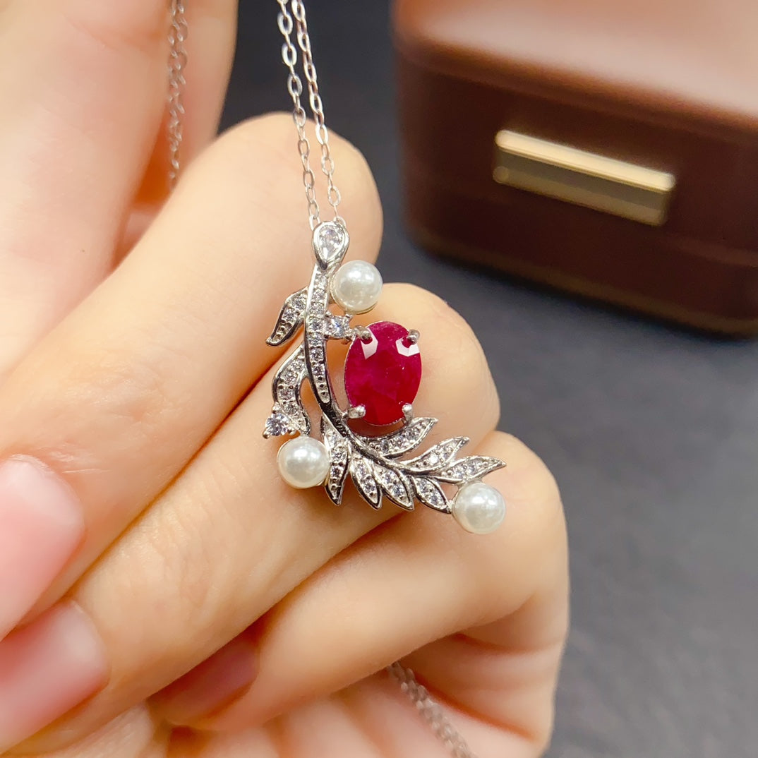 Natural Ruby & Pearl Pendant Necklace 925 Sterling Silver, 6x8mm Red Gemstone July Birthstone Energy Crystal Jewelry For Women, Dainty Choker Valentine's Day Gift