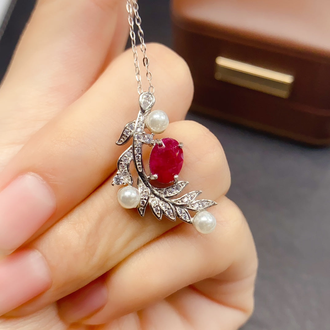 Natural Ruby & Pearl Pendant Necklace 925 Sterling Silver, 6x8mm Red Gemstone July Birthstone Energy Crystal Jewelry For Women, Dainty Choker Valentine's Day Gift