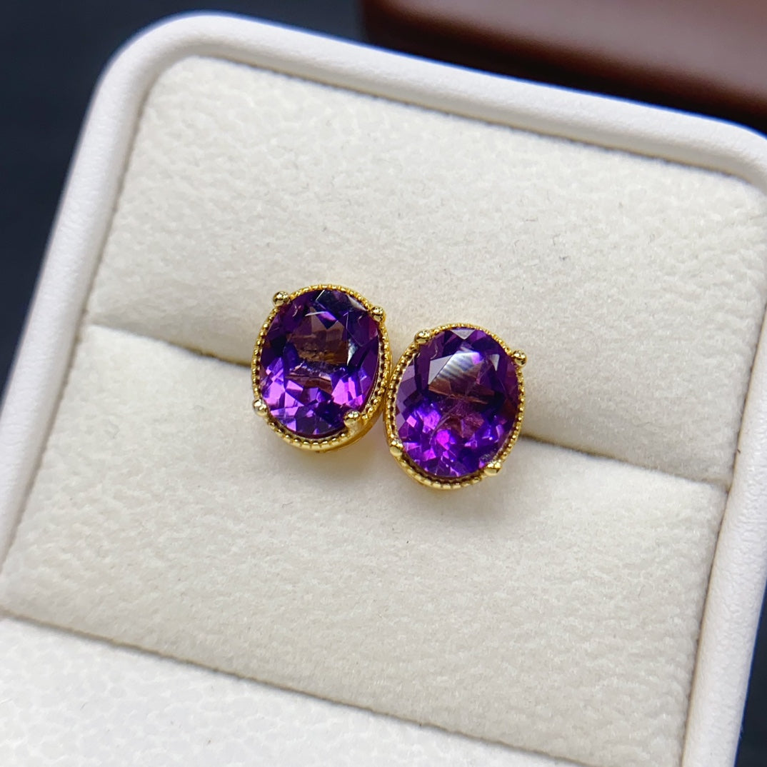 Natural Amethyst Earrings 925 Sterling Silver Studs, 8x10mm February Birthstone Purple Gemstone Crystal Jewelry For Women, Dainty Sparkly Gift For Her