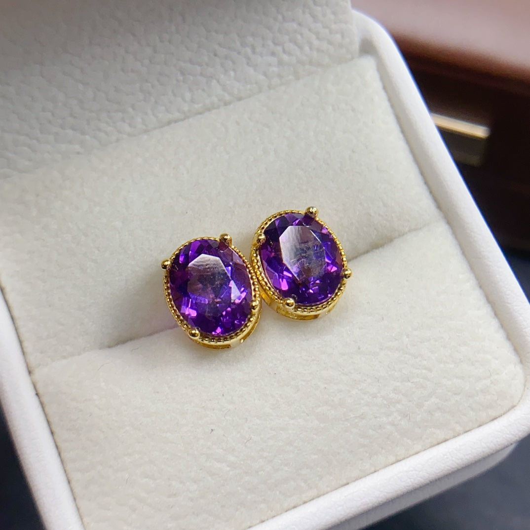 Natural Amethyst Earrings 925 Sterling Silver Studs, 8x10mm February Birthstone Purple Gemstone Crystal Jewelry For Women, Dainty Sparkly Gift For Her