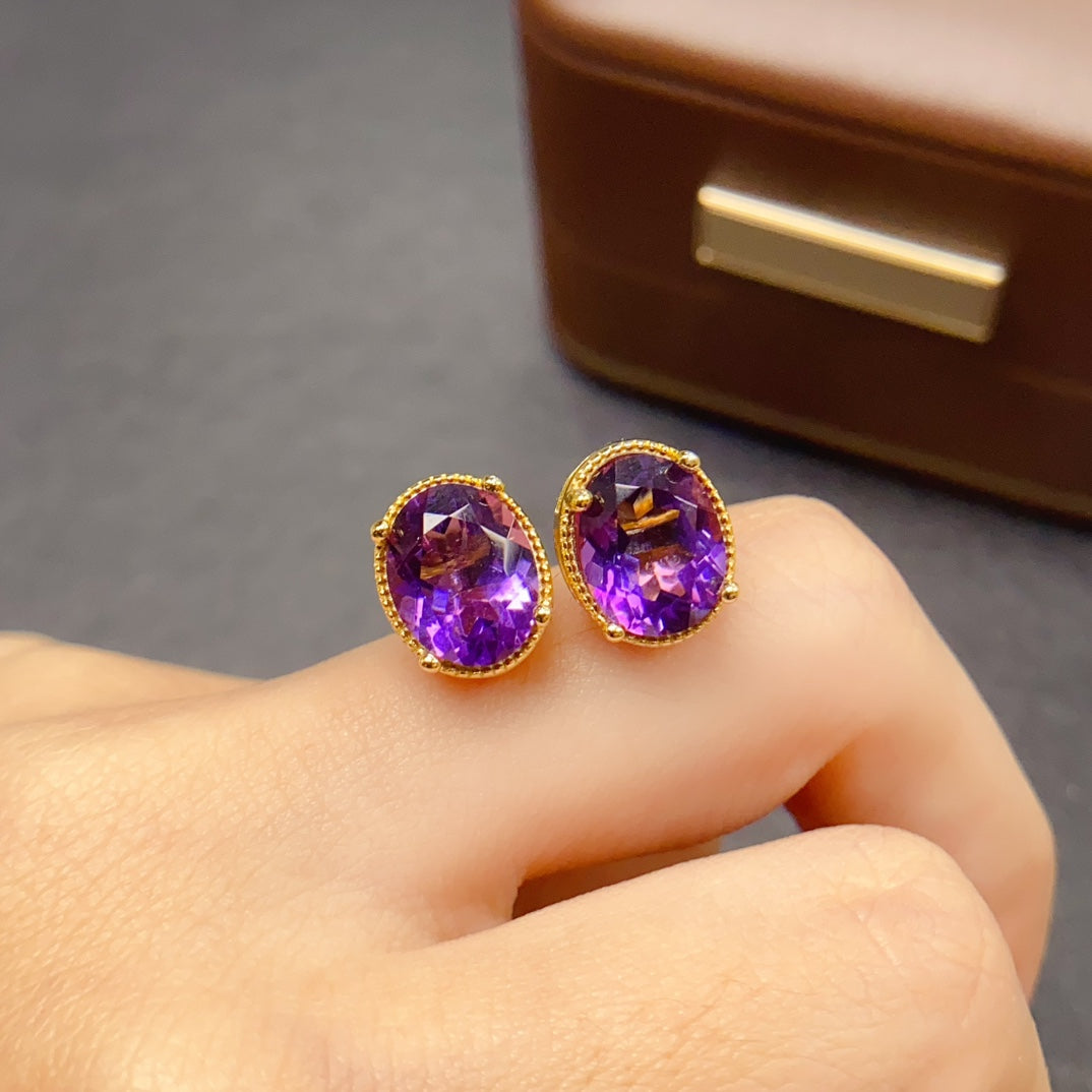 Natural Amethyst Earrings 925 Sterling Silver Studs, 8x10mm February Birthstone Purple Gemstone Crystal Jewelry For Women, Dainty Sparkly Gift For Her