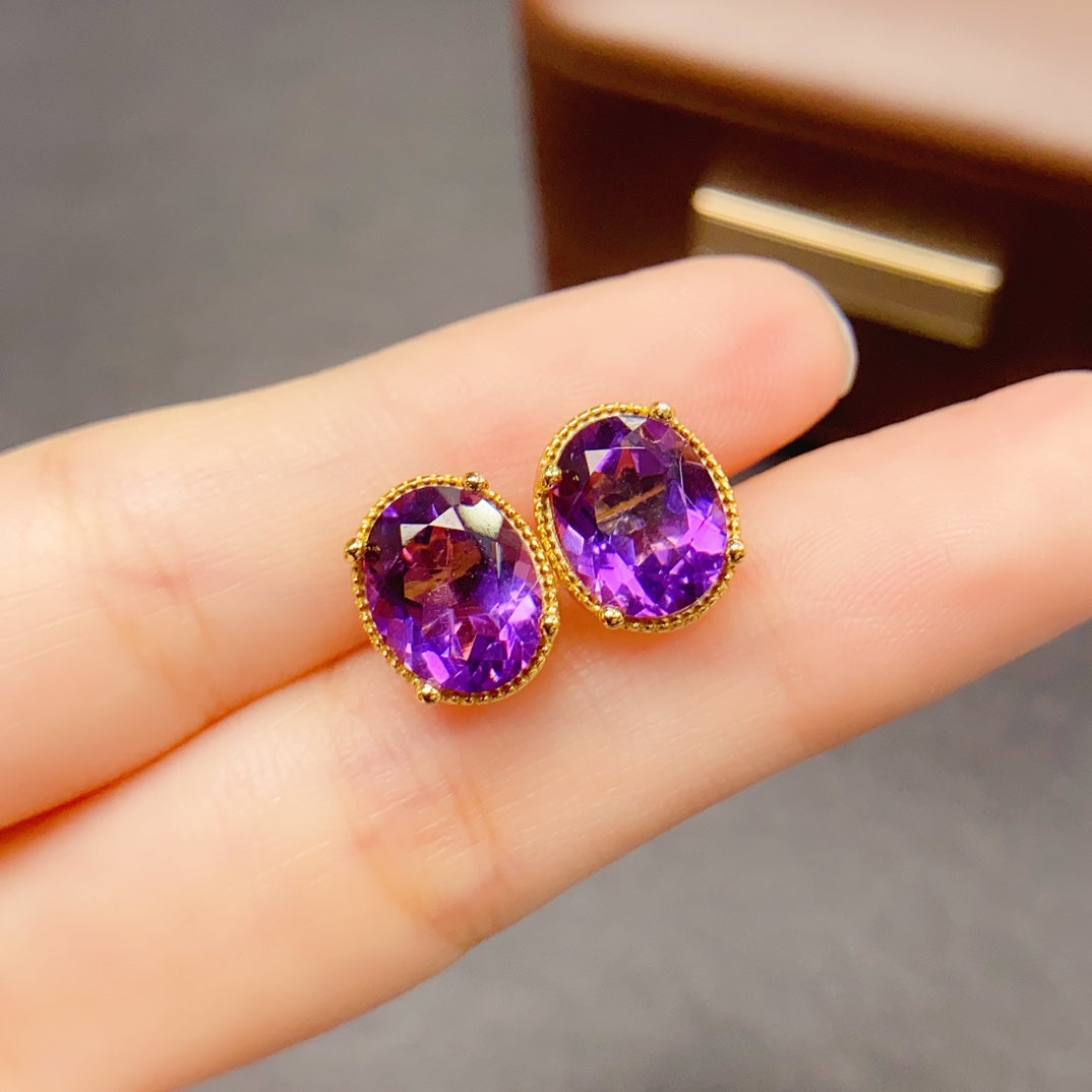 Natural Amethyst Earrings 925 Sterling Silver Studs, 8x10mm February Birthstone Purple Gemstone Crystal Jewelry For Women, Dainty Sparkly Gift For Her