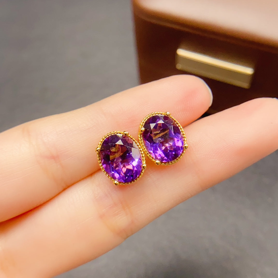 Natural Amethyst Earrings 925 Sterling Silver Studs, 8x10mm February Birthstone Purple Gemstone Crystal Jewelry For Women, Dainty Sparkly Gift For Her