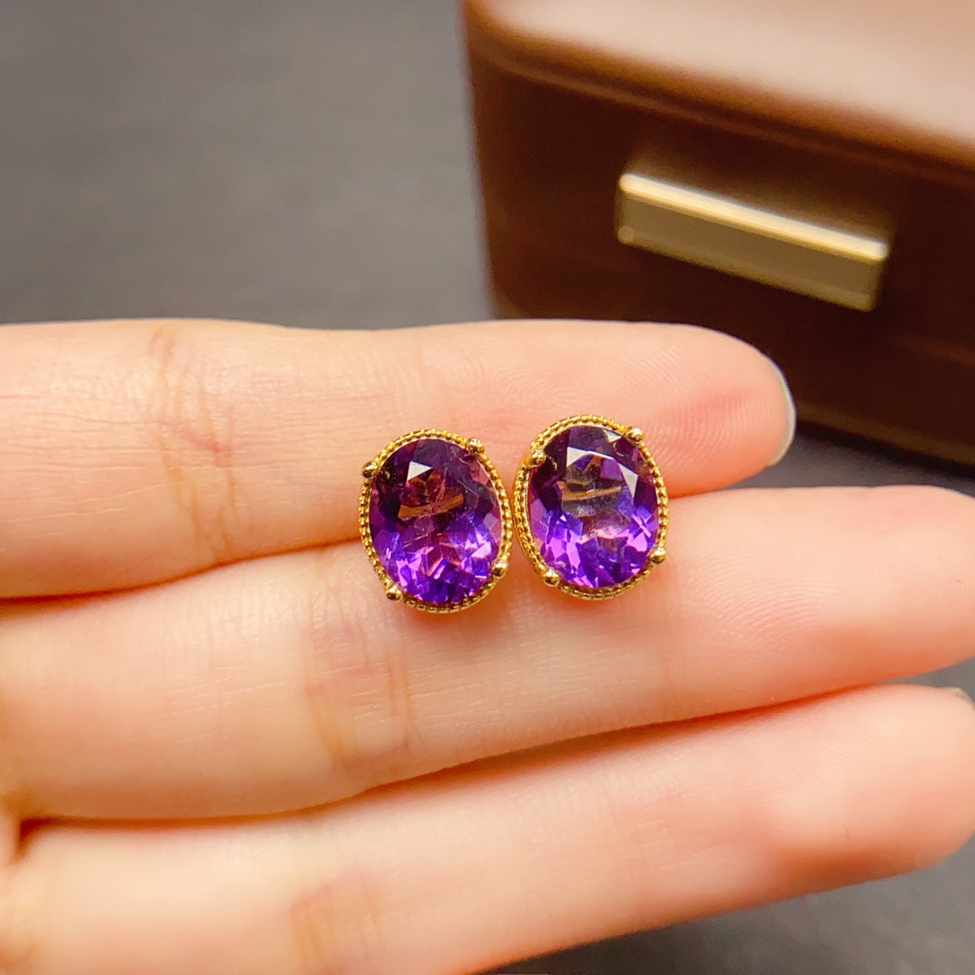 Natural Amethyst Earrings 925 Sterling Silver Studs, 8x10mm February Birthstone Purple Gemstone Crystal Jewelry For Women, Dainty Sparkly Gift For Her