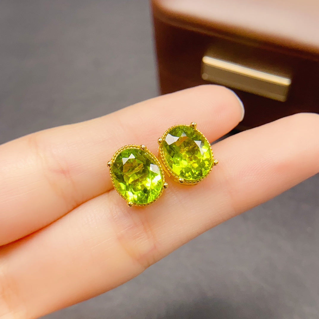 Natural Peridot Earrings 925 Sterling Silver Studs, 8x10mm August Birthstone Green Gemstone Crystal Jewelry For Women, Dainty Sparkly Gift For Her