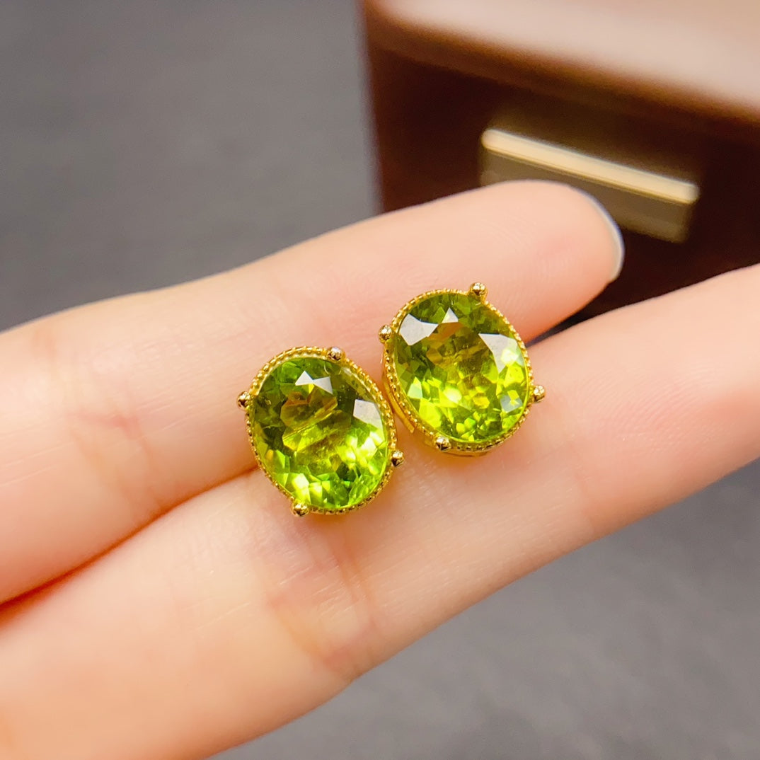 Natural Peridot Earrings 925 Sterling Silver Studs, 8x10mm August Birthstone Green Gemstone Crystal Jewelry For Women, Dainty Sparkly Gift For Her
