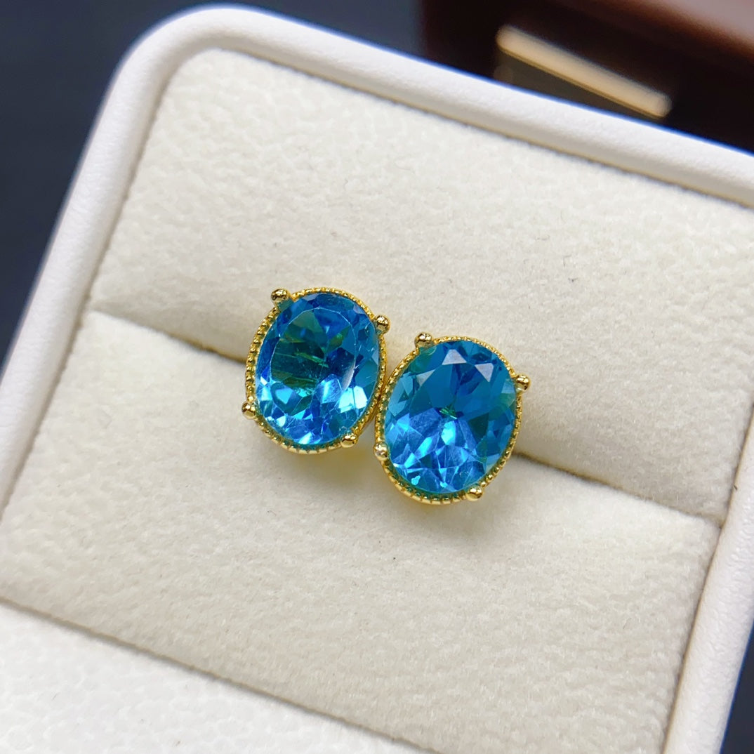 Natural Topaz Earrings 925 Sterling Silver Studs, 8x10mm November Birthstone Blue Gemstone Crystal Jewelry For Women, Dainty Sparkly Gift For Her