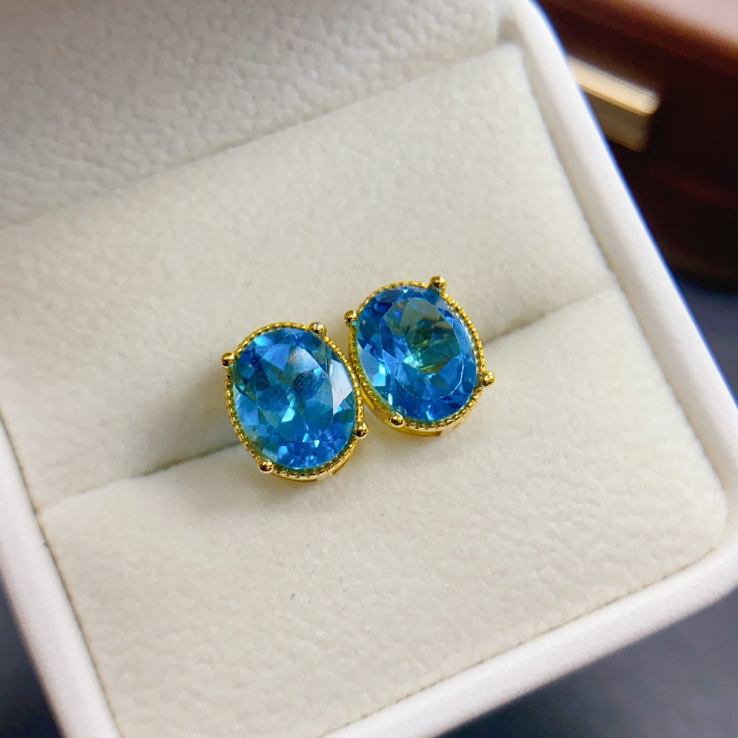 Natural Topaz Earrings 925 Sterling Silver Studs, 8x10mm November Birthstone Blue Gemstone Crystal Jewelry For Women, Dainty Sparkly Gift For Her
