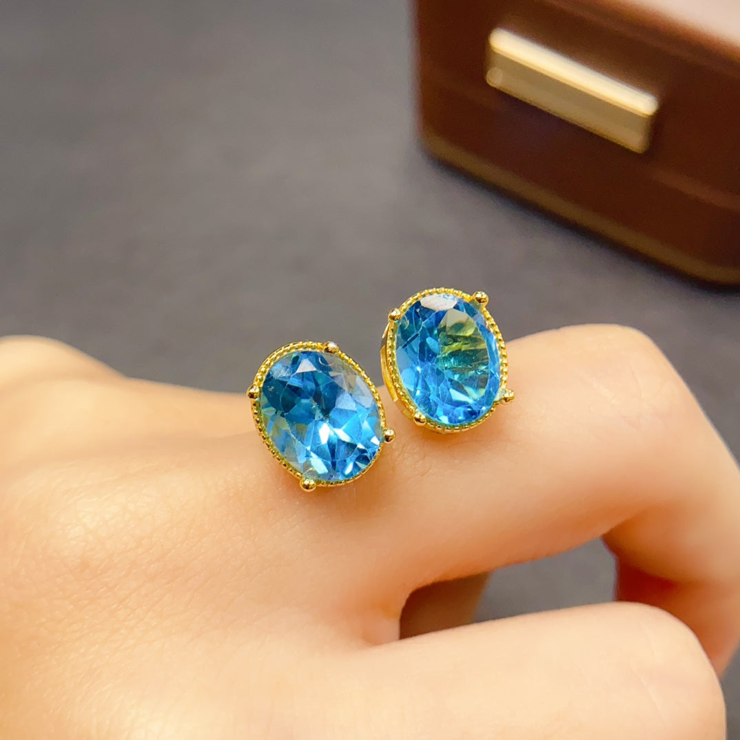 Natural Topaz Earrings 925 Sterling Silver Studs, 8x10mm November Birthstone Blue Gemstone Crystal Jewelry For Women, Dainty Sparkly Gift For Her