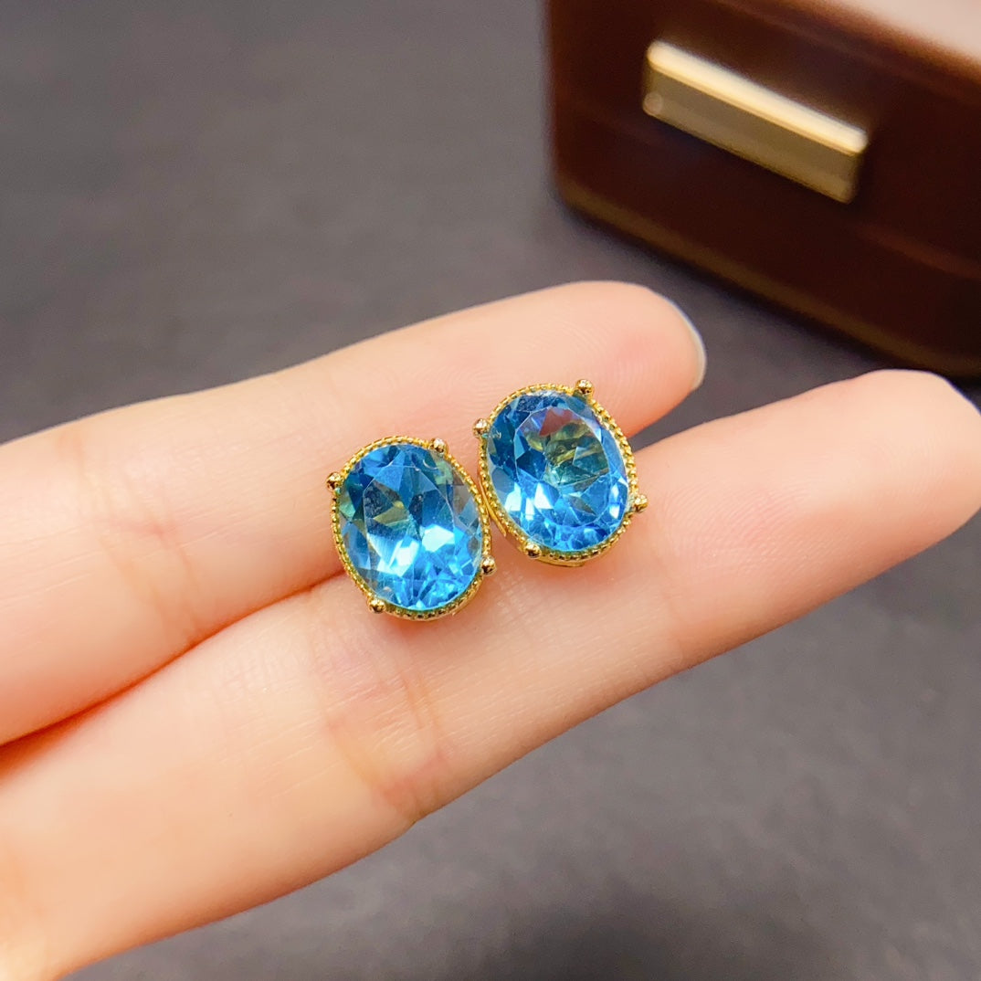Natural Topaz Earrings 925 Sterling Silver Studs, 8x10mm November Birthstone Blue Gemstone Crystal Jewelry For Women, Dainty Sparkly Gift For Her