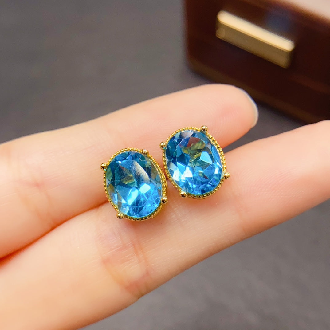 Natural Topaz Earrings 925 Sterling Silver Studs, 8x10mm November Birthstone Blue Gemstone Crystal Jewelry For Women, Dainty Sparkly Gift For Her