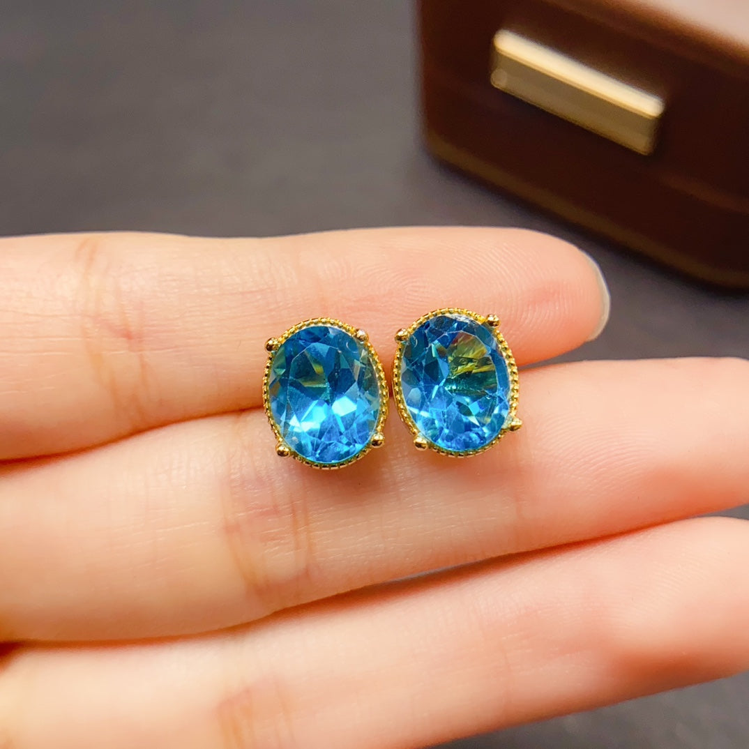 Natural Topaz Earrings 925 Sterling Silver Studs, 8x10mm November Birthstone Blue Gemstone Crystal Jewelry For Women, Dainty Sparkly Gift For Her