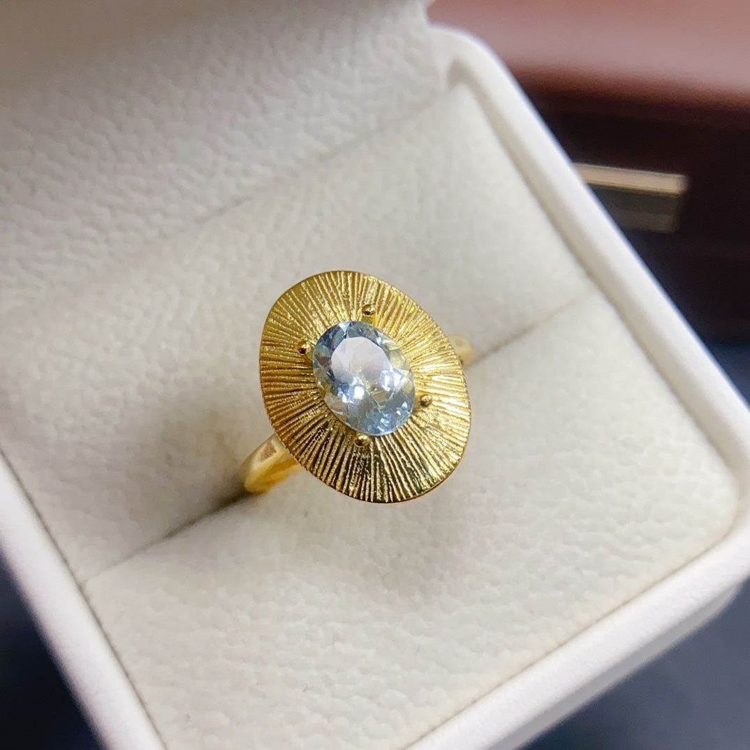Natural Aquamarine Adjustable Ring 925 Sterling Silver, 6x8mm March Birthstone Blue Gemstone Crystal Jewelry For Women, Dainty Sparkly Gift For Her
