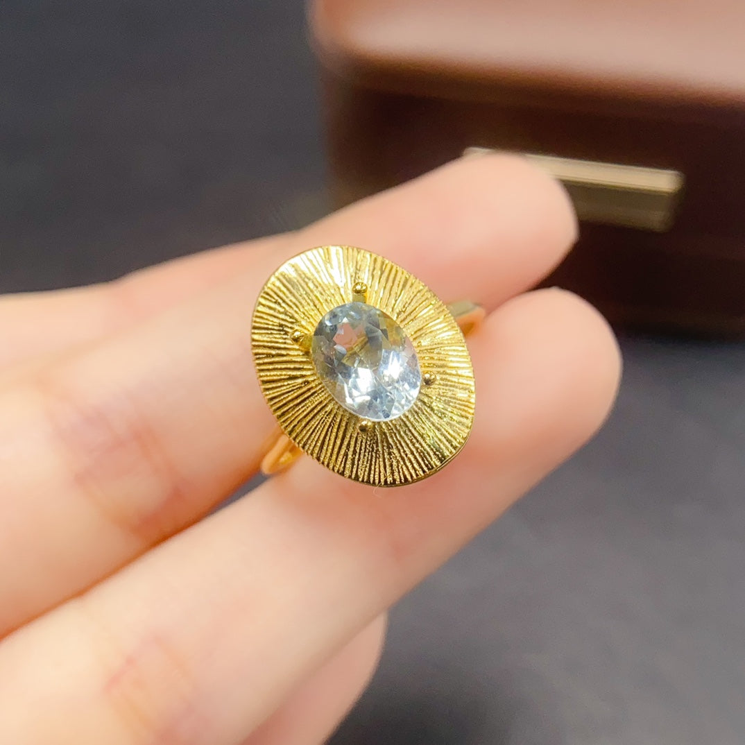 Natural Aquamarine Adjustable Ring 925 Sterling Silver, 6x8mm March Birthstone Blue Gemstone Crystal Jewelry For Women, Dainty Sparkly Gift For Her