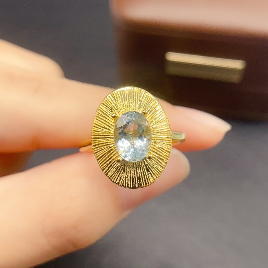 Natural Aquamarine Adjustable Ring 925 Sterling Silver, 6x8mm March Birthstone Blue Gemstone Crystal Jewelry For Women, Dainty Sparkly Gift For Her