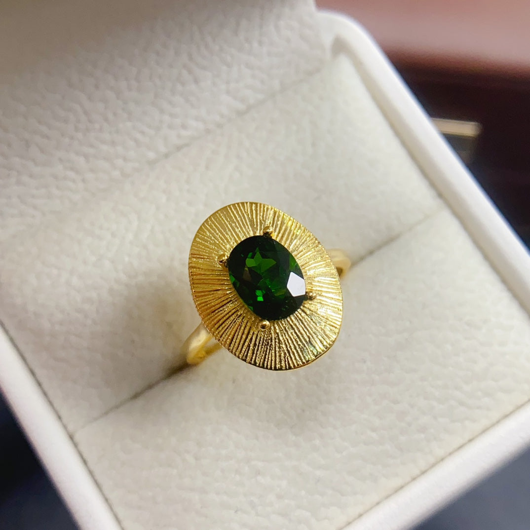 Natural Diopside Adjustable Ring 925 Sterling Silver, 6x8mm Green Gemstone Crystal Jewelry For Women, Stacking Band Dainty Sparkly Gift For Her