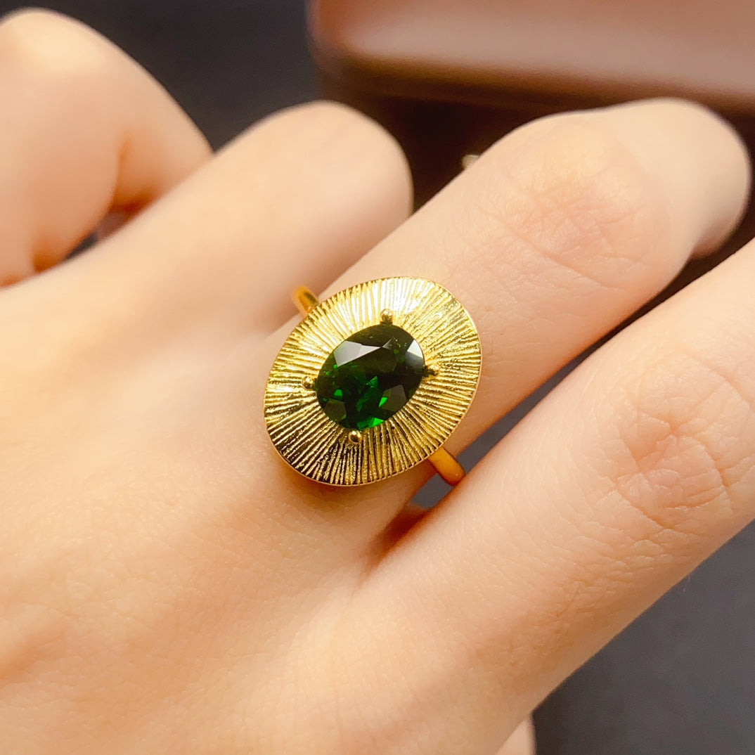 Natural Diopside Adjustable Ring 925 Sterling Silver, 6x8mm Green Gemstone Crystal Jewelry For Women, Stacking Band Dainty Sparkly Gift For Her