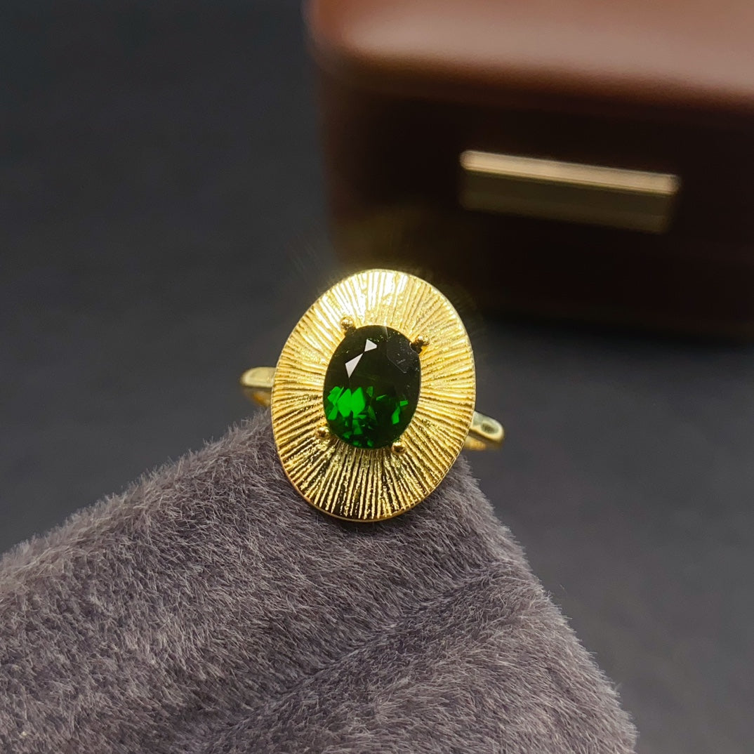 Natural Diopside Adjustable Ring 925 Sterling Silver, 6x8mm Green Gemstone Crystal Jewelry For Women, Stacking Band Dainty Sparkly Gift For Her