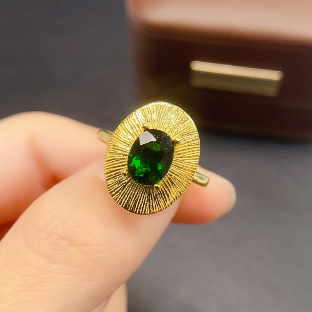 Natural Diopside Adjustable Ring 925 Sterling Silver, 6x8mm Green Gemstone Crystal Jewelry For Women, Stacking Band Dainty Sparkly Gift For Her
