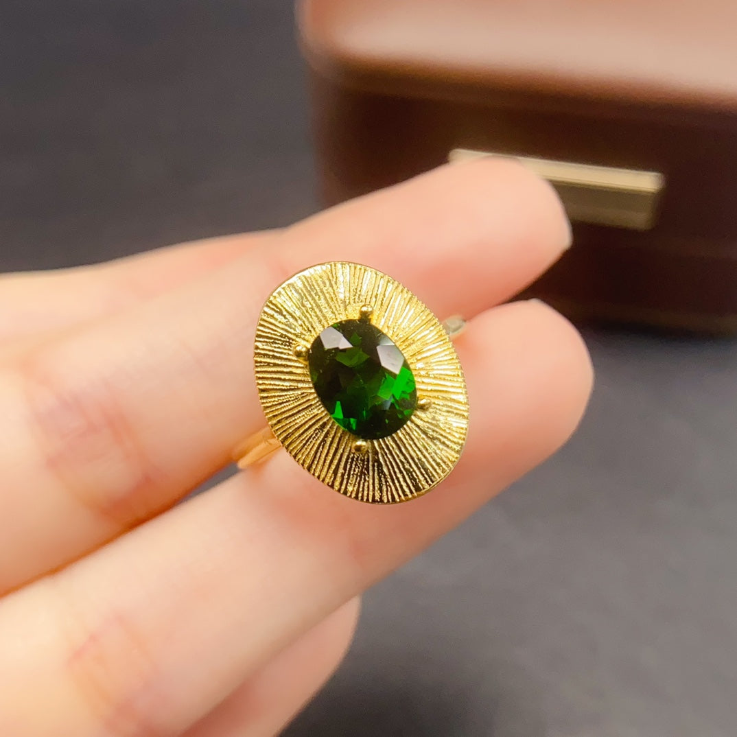 Natural Diopside Adjustable Ring 925 Sterling Silver, 6x8mm Green Gemstone Crystal Jewelry For Women, Stacking Band Dainty Sparkly Gift For Her
