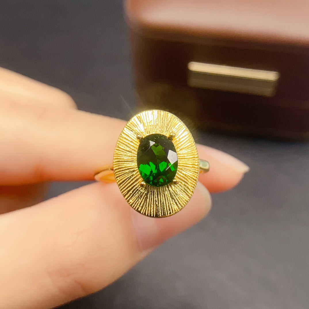 Natural Diopside Adjustable Ring 925 Sterling Silver, 6x8mm Green Gemstone Crystal Jewelry For Women, Stacking Band Dainty Sparkly Gift For Her