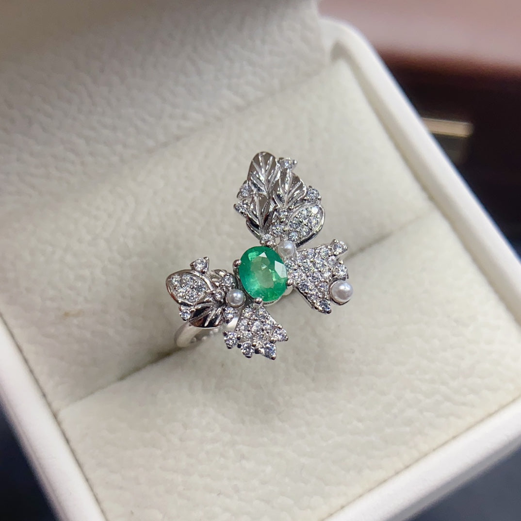Natural Emerald Adjustable Ring 925 Sterling Silver, 4x5mm May Birthstone Green Gemstone Crystal Jewelry For Women, Stacking Band Dainty Sparkly Gift For Her