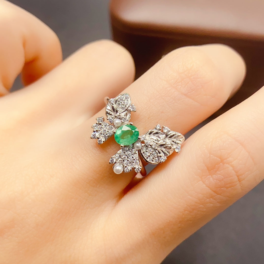Natural Emerald Adjustable Ring 925 Sterling Silver, 4x5mm May Birthstone Green Gemstone Crystal Jewelry For Women, Stacking Band Dainty Sparkly Gift For Her